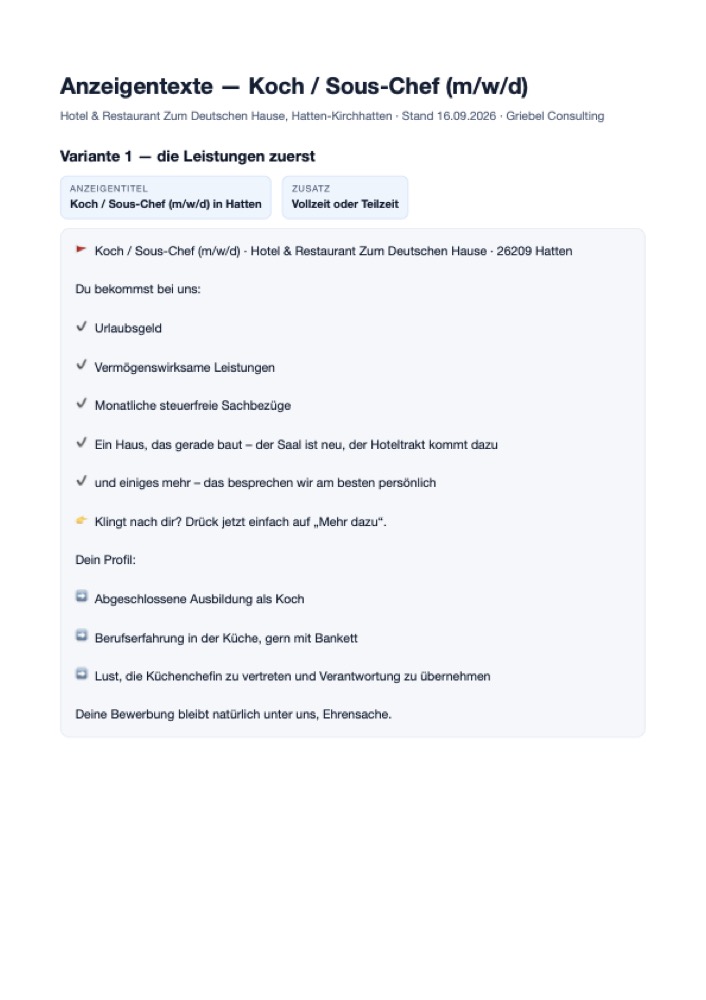 Anzeigentexte Koch / Sous-Chef